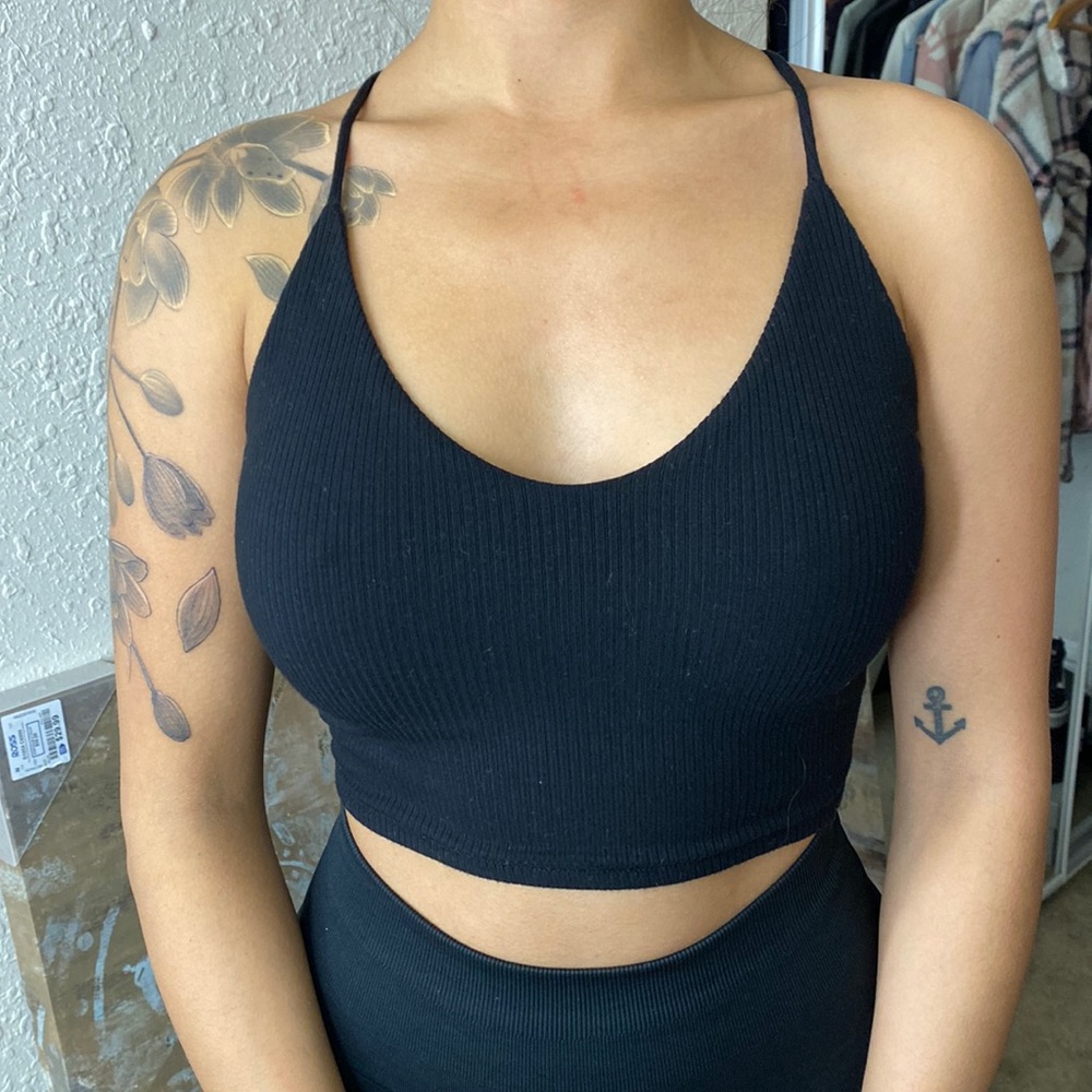 Black Garage Strappy Back Crop Halter Top